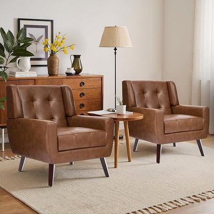 Faux Leather Accent Chairs Set of 4, Mid-Century Modern Upholstered Armchair, Comfy Living Room Chairs Reading Chairs with Button Tufted Back & Solid Wood Legs for Bedroom, Office, Coffee