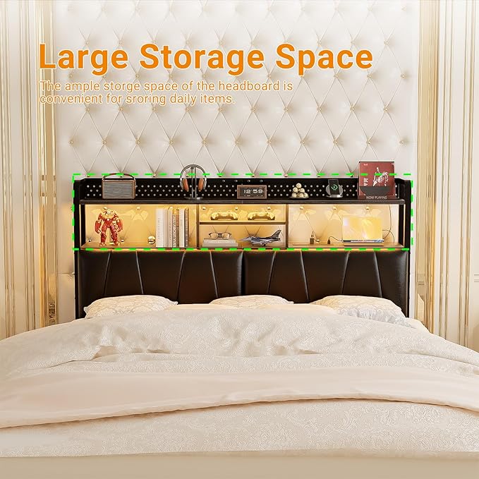 Unikito Headboard for Queen Size Bed Frame, Upholstered Head Board with Outlets, USB Ports and LED Light, Comfortable Leather Headboards with Storage Shelf, Sturdy Queen Bed Headboard Only, Black Oak