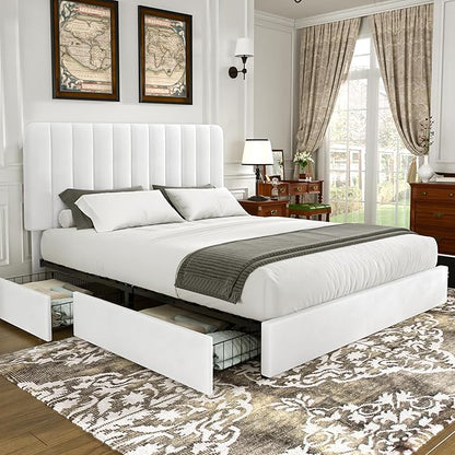 VECELO Queen Size Upholstered Bed Frame with 4 Drawers and Headboard, Velvet Platform Storage Bedframe, Wooden Slats Support, No Box Spring Needed,Snow-White