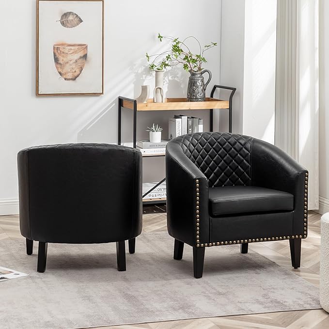 KINWELL 29" W Faux Leather Barrel Chairs Set of 2, Modern PU Upholstered Tufted Club Chairs with Nailhead Trim, Small Armchairs Accent Chairs for Living Room Bedroom Apartment Lounge Nursery, Black