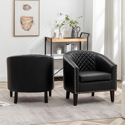 KINWELL 29" W Faux Leather Barrel Chairs Set of 2, Modern PU Upholstered Tufted Club Chairs with Nailhead Trim, Small Armchairs Accent Chairs for Living Room Bedroom Apartment Lounge Nursery, Black