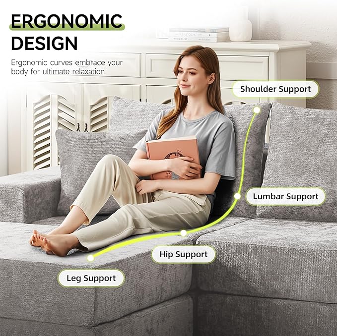 79" Boneless Loveseat Sofa Couch, Modular Foldable Floor Cloud Sofa with Ottoman, Lounge Convertible Sofa Bed for Living Room, No Assembly, Chenille Light Grey