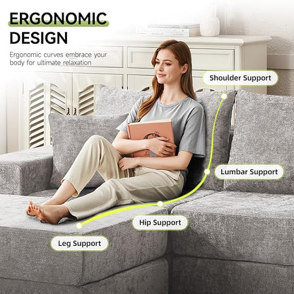 79" Boneless Loveseat Sofa Couch, Modular Foldable Floor Cloud Sofa with Ottoman, Lounge Convertible Sofa Bed for Living Room, No Assembly, Chenille Light Grey