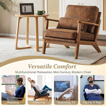 VINGLI Solid Wood Wide Armrests Accent Chair,Upholstered Mid Century Modern Chair with Pillow,Comfy Reading Chair Farmhouse Arm Chair,Chairs Living Room,Bedroom,Guest Room,Suede,Rustic