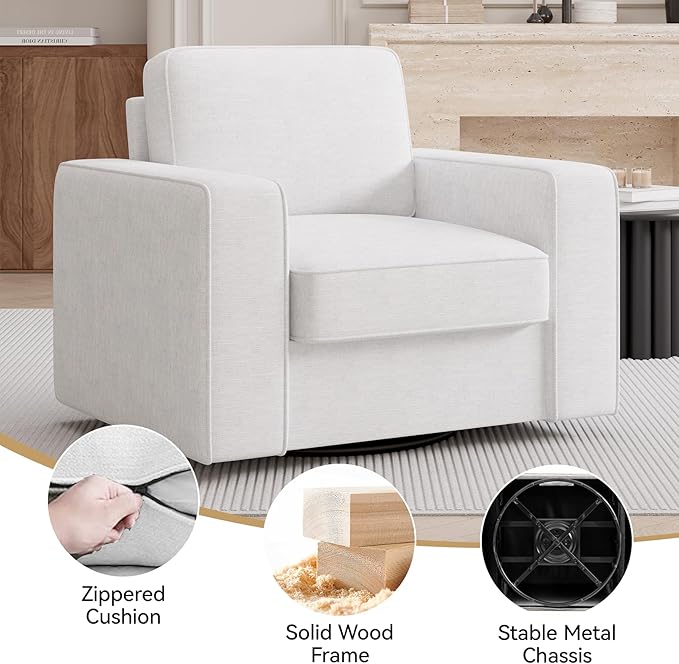 Swivel Accent Sofa Chair Set of 2, 360 Degree Rotation 36'' Width Oversized Thick Cusion Armchair Linen Fabric Single Padding Soft Living Room, Office White