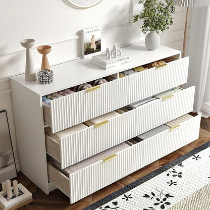 6 Drawers Fluted Dresser for Bedroom, 55" Wide Wooden Dresser with Deep Drawers, Large Floor Chest of Drawers, Modern Long TV Stand, Storage Cabinet Side Table, White