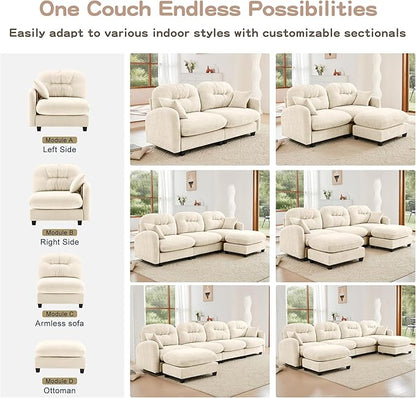140" L Shaped Sofa for Living Room, Comfy Chenille Fabric Cloud Sectional Couch, Modern Upholstered Deep Seat Sofa with Pillow and Movable Ottoman, Oversized 4 Seater Sectional Sofa, Beige