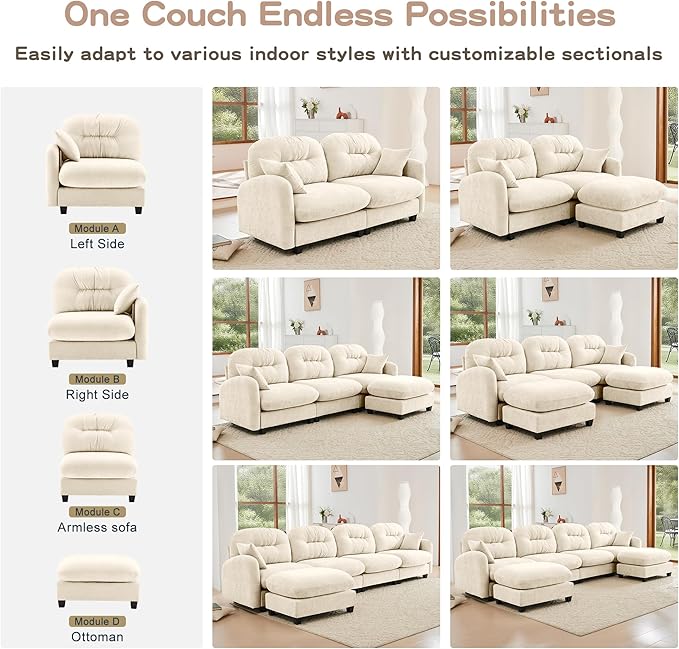 107" U Shaped Couch for Living Room, Comfy Chenille Fabric Cloud Sectional Couch, Modern Upholstered Deep Seat Sofa with Pillow and 2 Movable Ottoman, Oversized 3 Seater Sectional Sofa, Beige
