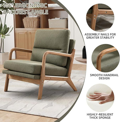 Mid Century Modern Accent Chair Set of 2, Linen Fabric Upholstered Lounge Arm Chair with Solid Wood Frame and Soft Cushion for Living Room, Bedroom, Balcony (1, Green)
