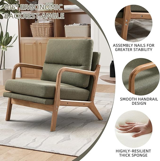 Mid Century Modern Accent Chair, Linen Fabric Upholstered Lounge Arm Chair with Solid Wood Frame and Soft Cushion for Living Room, Bedroom, Balcony (1, Green)