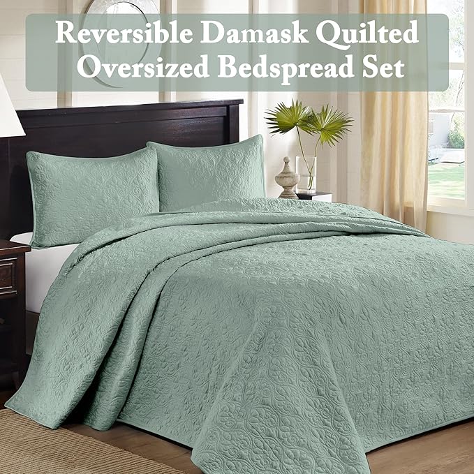 Madison Park Quebec Reversible Quilt Set Damask Design, Double Sided Stitching All Season, Lightweight Bedspread Bedding Set, Matching Sham, Seafoam, Twin(81"x110") 2 Piece
