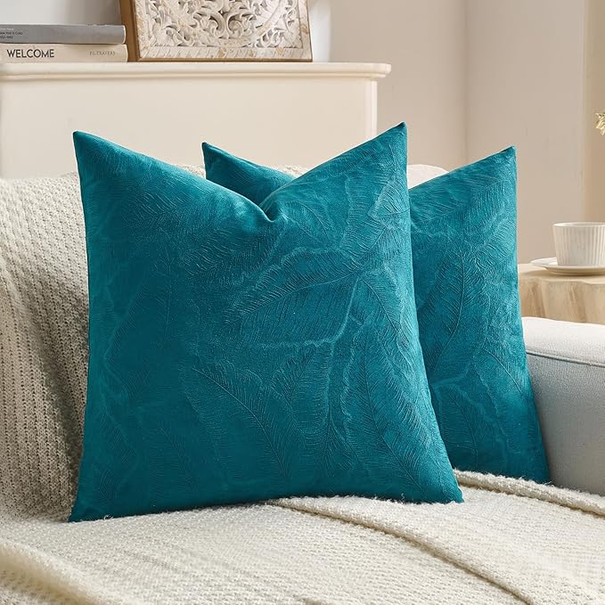 FUTEI Teal Velvet Throw Pillow Covers 24x24 Inch Set of 2,Soft Embossed Leaf-Relief Textured European Cushion Cases,Natural Home Decor for Couch Living Room