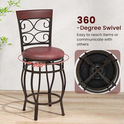 Giantex 26" Swivel Bar Stools Set of 4, Counter Height Bar Stools w/Back, Upholstered PU Leather Seat, Footrest, Max Load 330Lbs, Vintage Metal Barstools for Kitchen Island, Dining Room, Rustic Brown