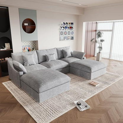 JACH U Shaped Sectional Couches, Cloud Sectional Couch with Deep Seat, 119" Down Filled Modular Sofa with Chaise, Covers Removeable & Washable, Sofas Furniture for Living Room, Light Grey