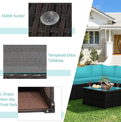 Tangkula 6 Pieces Patio Furniture Set, Outdoor Rattan Sofa Set, Wicker Conversation Set w/Tempered Glass Coffee Table & Cushions, Sectional Sofa Set for Backyard, Garden, Balcony, Poolside