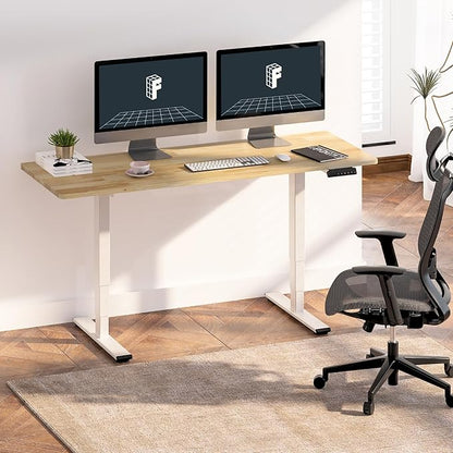 FlexiSpot E6 Solid Wood 3-Stage Dual Motor 63 x 24 Electric Standing Desk, Holds 220 lbs, Adjustable Height w/ Memory Presets, Butcher Block Rubberwood Desktop & White Frame, Ships in 2 Boxes
