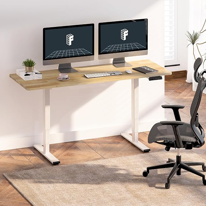FlexiSpot E6 Solid Wood 3-Stage Dual Motor 48 x 24 Electric Standing Desk, Holds 220 lbs, Adjustable Height w/ Memory Presets, Butcher Block Rubberwood Desktop & White Frame, Ships in 2 Boxes