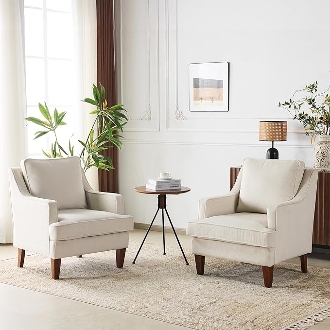 VINGLI Mid-Century Modern Accent Chairs Set of 2, Beige Upholstered Armchair Comfy Sofa Chairs Reading Chair High Back for Living Room Bedroom Furniture Apartment