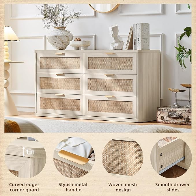 LEYAOYAO Rattan 6 Drawer Dresser for Bedroom, Boho 54" Wide White Dresser Chest of Drawers, Dressers TV Stand with Metal Handle, Storage Dressers Closet Organizer for Living Room, Hallway