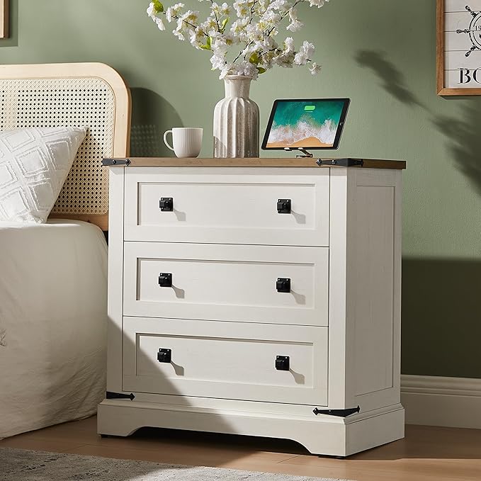 T4TREAM Farmhouse 3 Drawers Dresser for Bedroom, Rustic Wood Wide Dresser TV Stand for Living Room, Hallway, Antique White