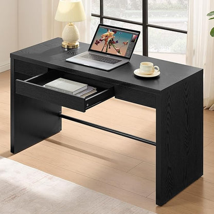 SICOTAS Computer Desk Writing Table - 47-Inch Wooden Study Desk for Bedroom, Farmhouse Home Office Desk with Drawer, Boho Makeup Vanity Table for Dormitory (Black Oak, 1 Piece)