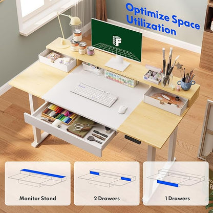 FLEXISPOT 4-Leg Standing Desk with Storage 71x32 in Electric Adjustable Height with 3 Drawers & Shelving Home Office Workstation (White + Maple Top)