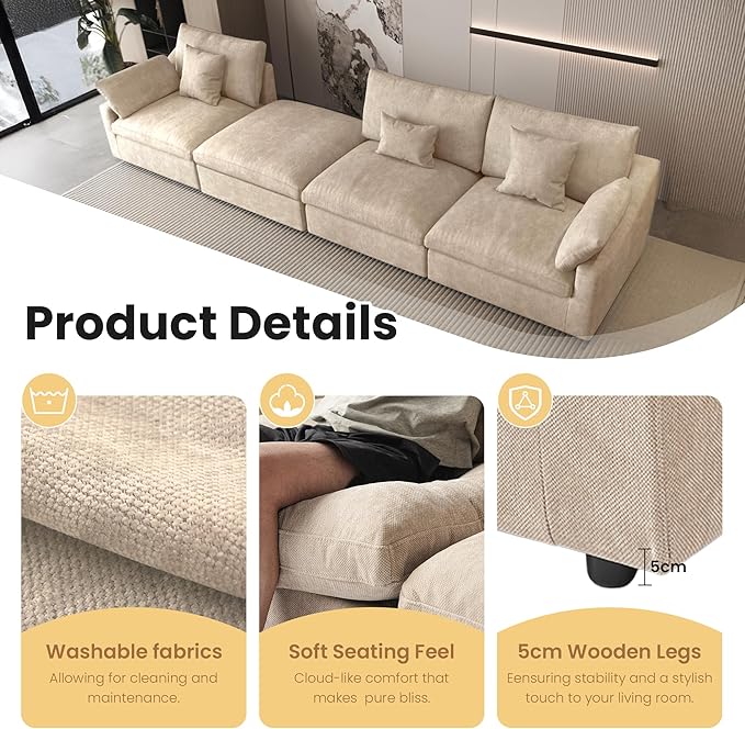 Cloud Modular Sectional Sofa with Ottoman,154" Sectional Sofa Bed Sleeper Couch for Living Room,Convertible Couch Deep Seat for Office Apartment,Covers Washable&Replaceable,Khaki