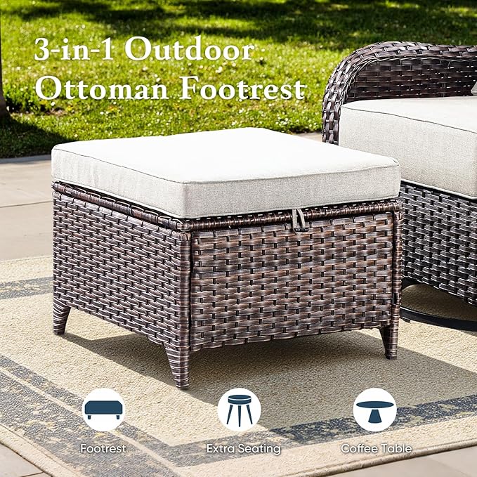 Belord Luxury 6" Thick Cushioned 10 Pieces Patio Furniture Set with Fire Pit Table, Wicker Outdoor Conversation Set with High Back Swivel Rocker Chairs for Deck Porch Yard and Poolside - Brown+Beige
