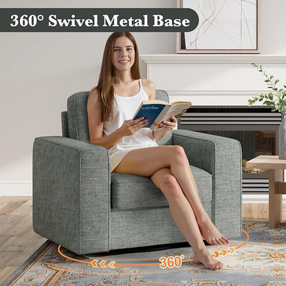 Swivel Accent Sofa Chair, Modern Comfy Oversized Upholstered Cushion Back Armchair in Linen 1pcs for Living Room, Bedroom, Reading Room(Gray)
