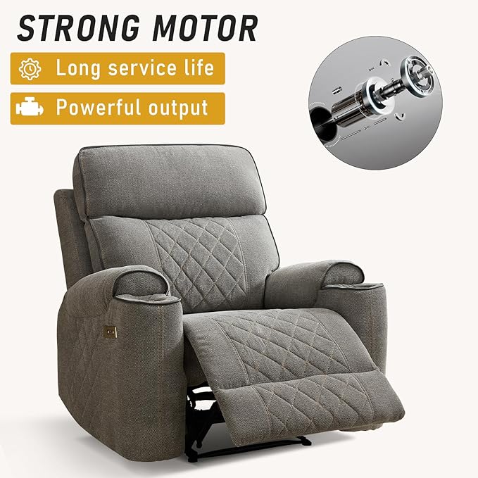 Electric Recliner Chair, Soft Fabric Power Recliners with Metal Cup Holders, Single Overstuffed Heavy Duty Reclining Sofa Chairs for Living Room Bedroom, Light Grey