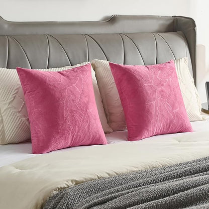 FUTEI Hot Pink Velvet Throw Pillow Covers 24x24 Inch Set of 2,Soft Embossed Leaf-Relief Textured European Cushion Cases,Natural Home Decor for Couch Living Room