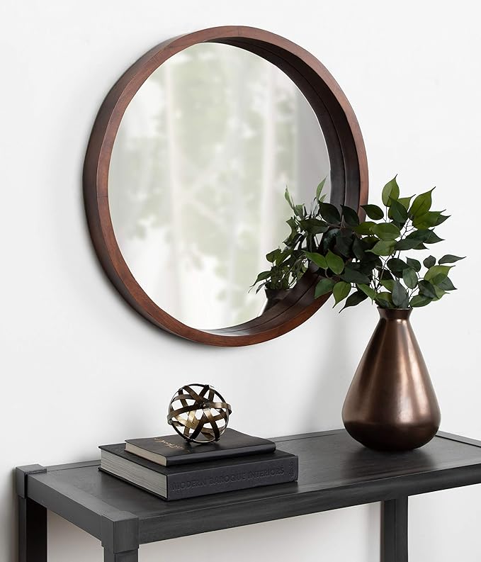 Kate and Laurel Hutton Round Decorative Modern Wood Frame Wall Mirror, 22 Inch Diameter, Walnut Finish
