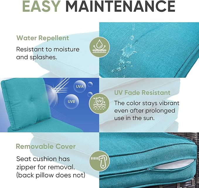 Outdoor Chair Cushion Set of 3, Waterproof Outdoor Seat Cushions 25x22 , Patio Chair Cushions for Outdoor Furniture, Couch Cushion Replacement, Include 3 Back & 3 Seat Cushions, Button/CyanBlue