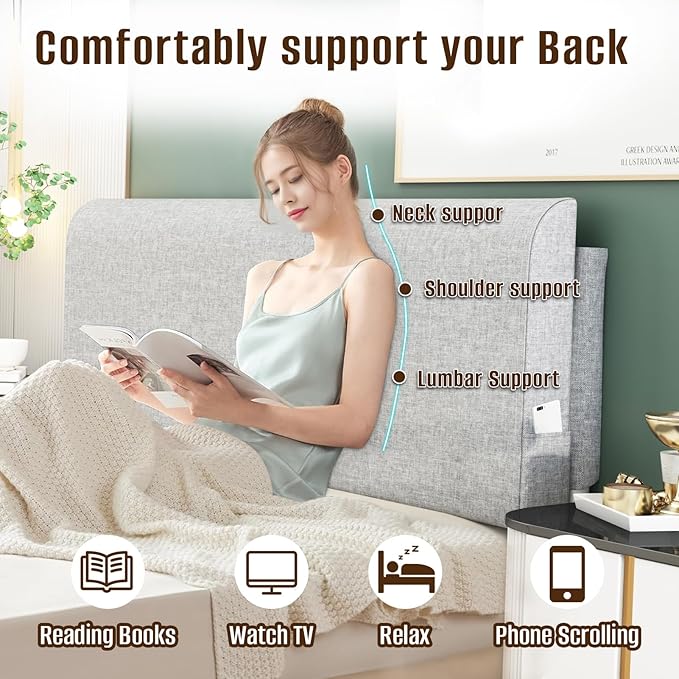 Upholstered Twin Headboard, No Tools Needed, Wall Mounted Headboard with Removeable Washable Linen, Multi-Functional Backrest (Grey)