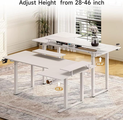 L Shaped Standing Desk, 71x43'' Electric L Stand Up Desk with 2 Adjustable Monitor Shelves, Dual Motor and Memory Controller, Adjustable Height from 28-46'' for Home and Computer Workstation, White
