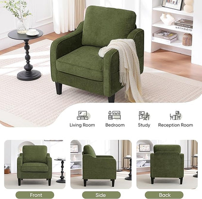 Accent Chairs Set of 2, Upholstered Living Room Chair with Side Pockets, Mid Century Modern Reading Chair for Bedroom, Comfy Armchair Single Sofa Side Chair for Office, Small Room, Olive Green