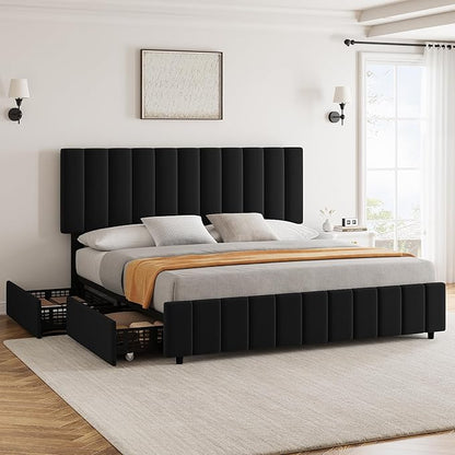 Garvee Full Size Bed Frame with 4 Storage Drawers, Adjustable Height Headboard, Linen Upholstered Platform Bed Frame, No Box Spring Needed, Easy Assembly, Black