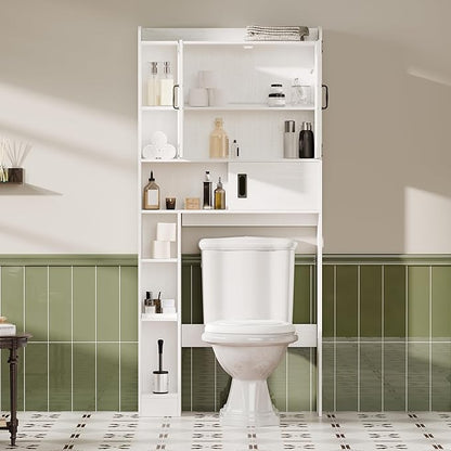 ChooChoo Over The Toilet Storage Cabinet, Farmhouse Bathroom Storage Cabinet with Sliding Door, Over Toilet Storage with Adjustable Shelves, Space-Saving, White