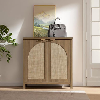 SICOTAS Rattan Sideboard Buffet Cabinet with Storage, Mid Century Modern Credenza Storage Cabinet with Arch Doors & Shelves Farmhouse Coffee Bar Media Console Cabinets for Living Room, Entryway