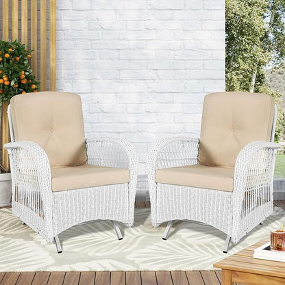 VIVIJASON 2-Piece Outdoor White Wicker Glider Rocking Chair, Patio Rattan Swing Glider Chairs with Cushions & Steel Frame, All-Weather Gliding Lawn Wicker Furniture for Garden Backyard Porch, Beige