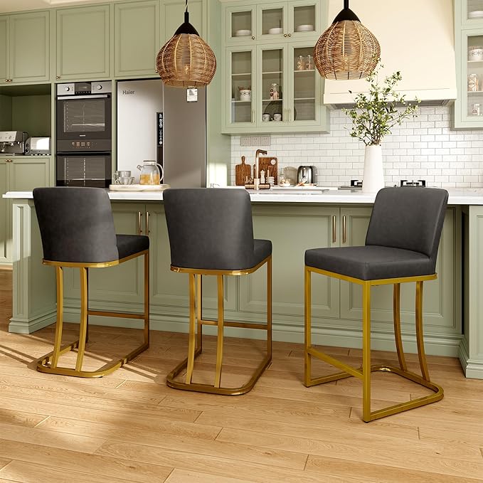 MAISON ARTS Counter Height Bar Stools with Back for Kitchen Counter, 24 Inch Modern Upholstered Faux Leather Barstools Farmhouse Bar Chairs Luxury Island Stools Support 330LBS, Grey & Gold