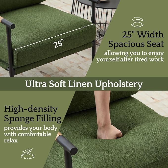 LukeAlon Mid-Century Linen Accent Chairs Set of 2, Soft Living Room Chairs with Metal Legs Modern Armchairs Lounge Chairs Upholstered Comfy Leisure Chairs for Bedroom Reading Room Waiting Room, Green