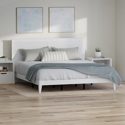 Serene Farmhouse Style Wood Bed in King Size with Chevron Scoring Headboard, Coastal Modern Design, Sturdy, Easy Assembly, Ample Underbed Storage, White Finish