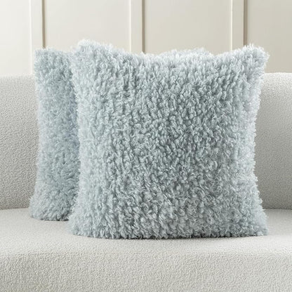 FUTEI Light Blue Decorative Throw Pillow Covers 16x16 Inch Set of 2,Soft Fluffy Faux Wool Fur Boucle Textured Cushion Case,Modern Home Decor for Couch Bed Living Room Office