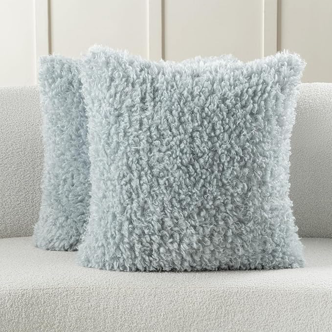 FUTEI Light Blue Decorative Throw Pillow Covers 26x26 Inch Set of 2,Soft Fluffy Faux Wool Fur Boucle Textured Euro Pillow Shams,Modern Home Decor for Couch Bed Living Room Office