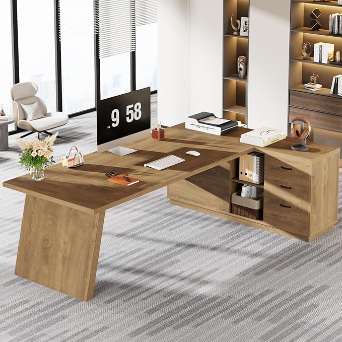 Tribesigns Modern L-Shaped Executive Desk, 78.7" L x 31.5" W x 29.5" H, Brown, 3 Drawers, 2 Shelves, Scratch Resistant, Home Office Desk