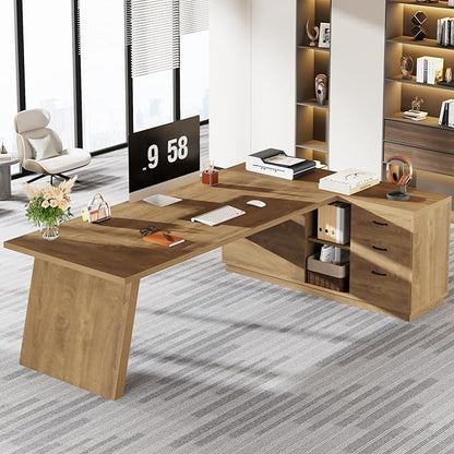 Tribesigns Modern L-Shaped Executive Desk, 78.7" L x 31.5" W x 29.5" H, Brown, 3 Drawers, 2 Shelves, Scratch Resistant, Home Office Desk