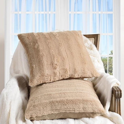 Cheer Collection Faux Fur Throw Pillows - Decorative Pillows for Couch, Bed Throw Pillows, Sand Accent Pillows for Bedroom or Living Room Aesthetic, Set of 2 Furry Throw Pillows, 16" x 16"