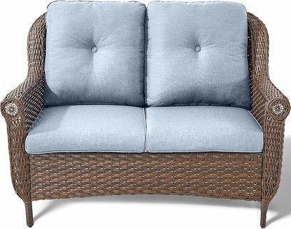 Patio Loveseat Outdoor Wicker Sofa - Heavy Duty All-Weather Brown Rattan 2-Person Sofas with High Back and Comfortable Thick Cushions for Garden Back Porch Poolside Apartment - Baby Blue