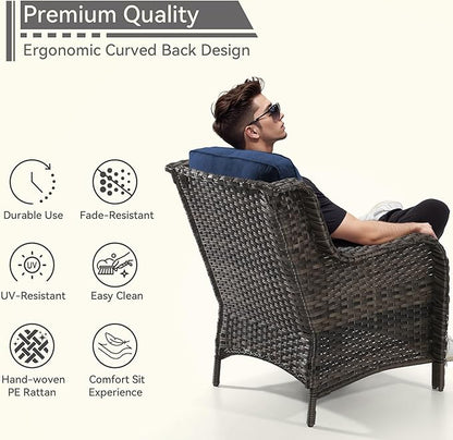 5 Pieces Patio Conversation Set, Wicker Chairs Set of 2 and Two Ottomans with 3.5-inch Seat Cushions, 1 Side Table High Back and Curved Armrest for Backyard, Balcony and Deck, Blue